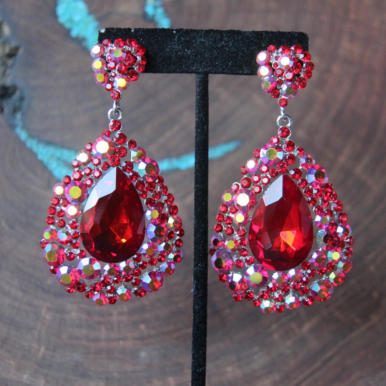 Red earrings red rhinestone earrings red chunky earrings | Etsy