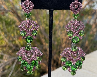 Pink and green rhinestone earrings, rose pink green chandelier earrings