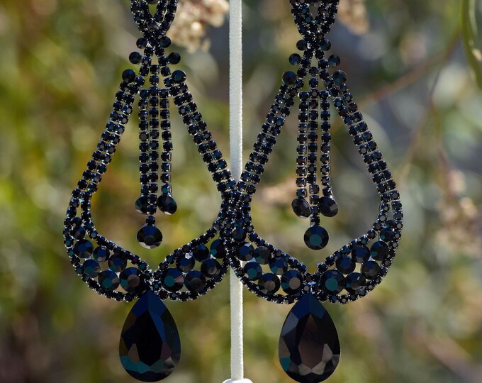 Black Rhinestone Earrings Extra Large Black Chandelier Etsy