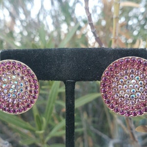 Fuchsia iridescent clip on earrings, hot pink ab earrings, large fuchsia stud earrings, prom clip on earrings, ballroom earrings