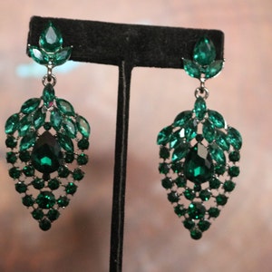Deep green earrings, fern green earrings, emerald rhinestone earrings, green crystal evening earrings,