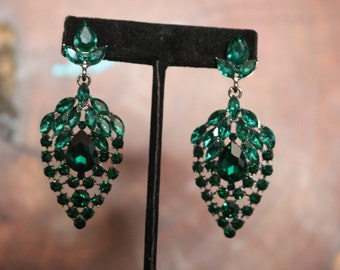 Deep green earrings, fern green earrings, emerald rhinestone earrings, green crystal evening earrings,