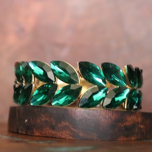 bracelet émeraude, bracelet de mariée émeraude, bracelet feuille d&#39;émeraude, bracelet de bal vert émeraude