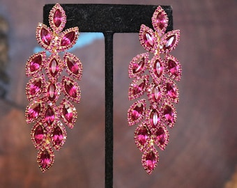 fuchsia dangle earrings, fuchsia prom earrings, hot pink earrings, fuchsia rhinestone pageant earrings, long chandelier fuchsia earrings