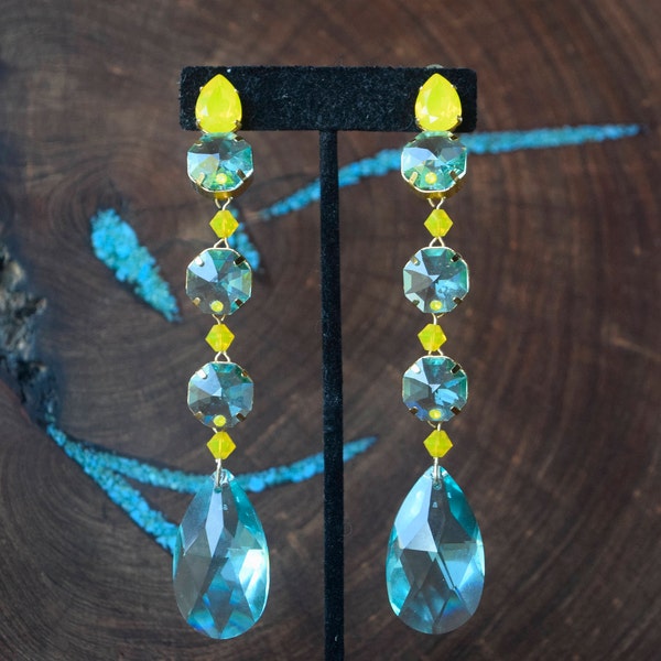 yellow rhinestone earrings, yellow and turquoise earrings, couture earrings, custom pageant earrings, swarovski earrings, clip on earrings