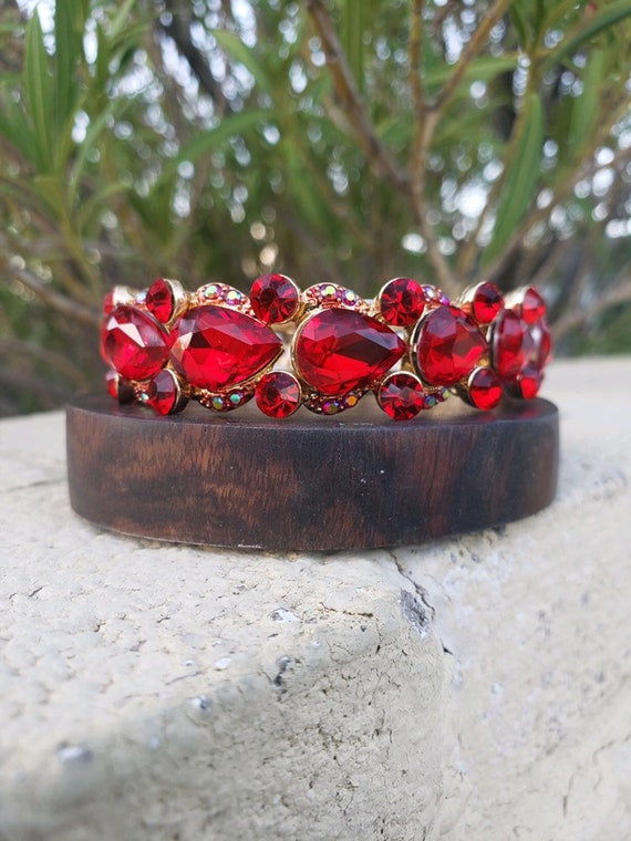 Red Bracelet Red Rhinestone Prom Bracelet Red and Ab Pageant