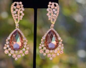 rose gold large crystal rhinestone earrings, champagne chunky earrings, peach earrings, large chandelier earrings, prom earrings