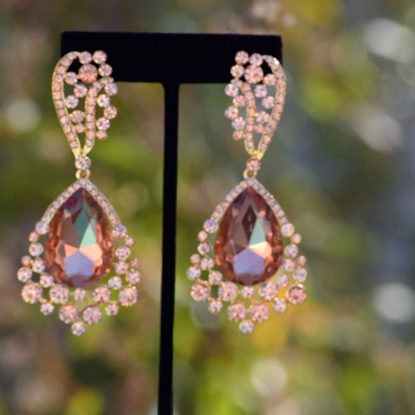 rose gold large crystal rhinestone earrings, champagne chunky earrings, peach earrings, large chandelier earrings, prom earrings