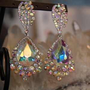 AB large crystal earrings, AB pageant earrings, AB prom earrings, chunky rhinestone earrings, ab clip on earrings image 3