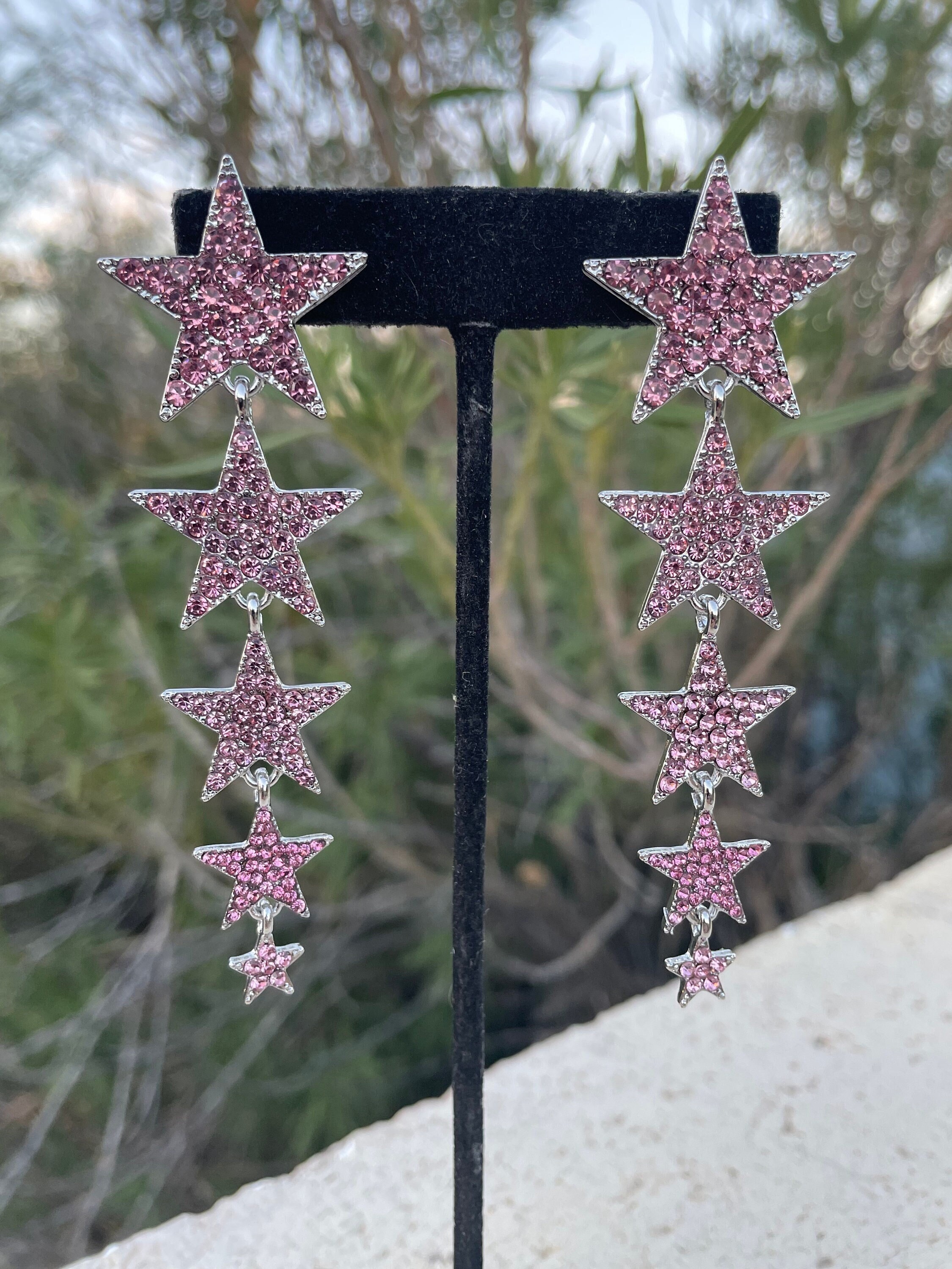 Pink star earrings, pink rhinestone long earrings