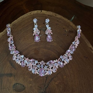 Lilac rhinestone earrings and necklace set, lavender bridesmaid necklace set image 2