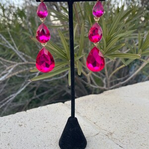 Fuchsia dangle earrings, hot pink rhinestone long earrings, fuchsia prom earrings, magenta earrings image 3