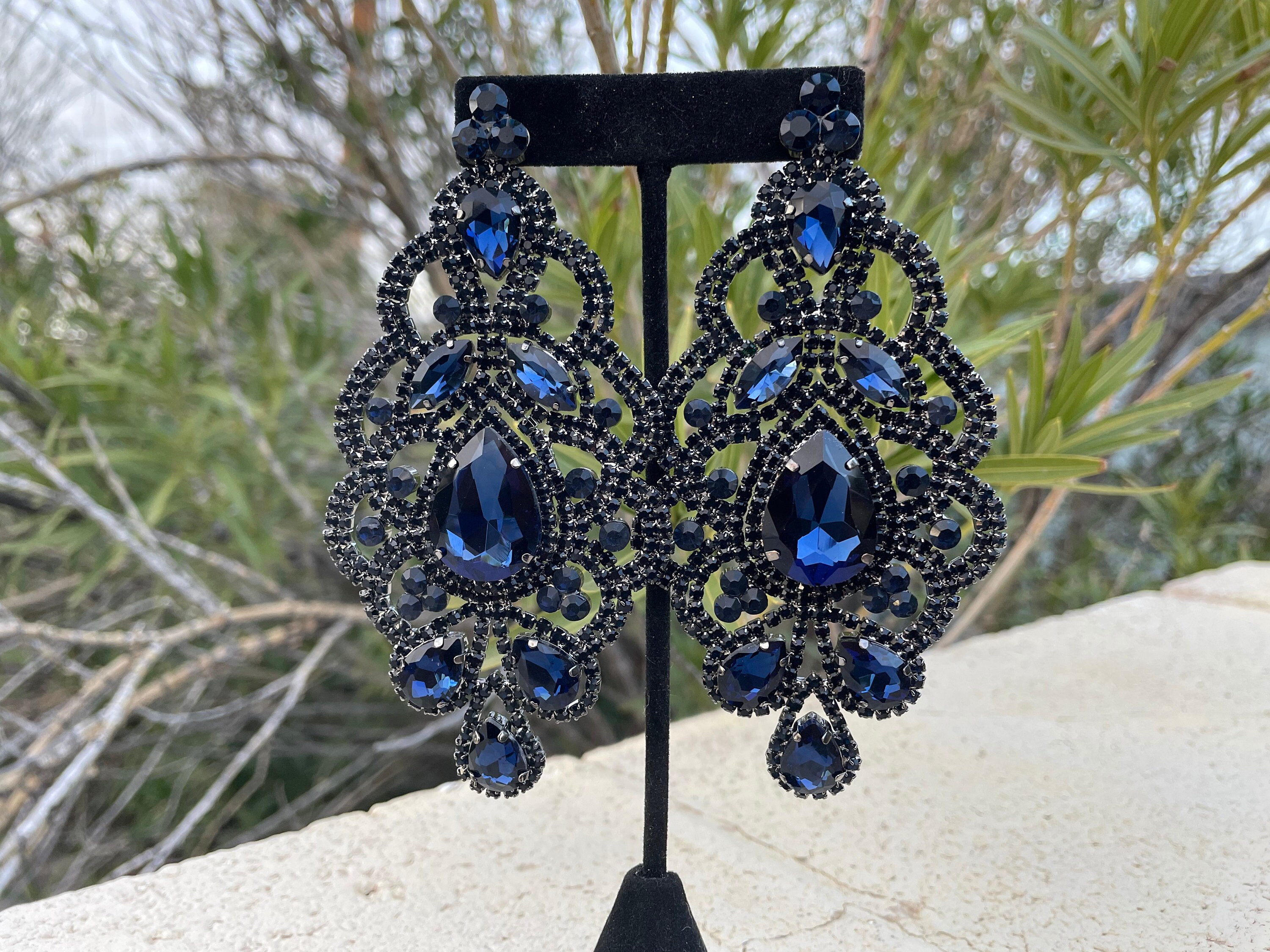 Navy Earrings Oversized Navy Rhinestone Earrings Chunky Montana