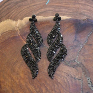 black rhinestone chandelier earrings, red rhinestone long earrings, crystal pageant earrings, extra long earrings, statement earrings