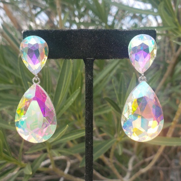 Ab rhinestone hoops, aurora borealis teardrop earrings, ab prom earrings, ab pageant earrings, iridescent earrings