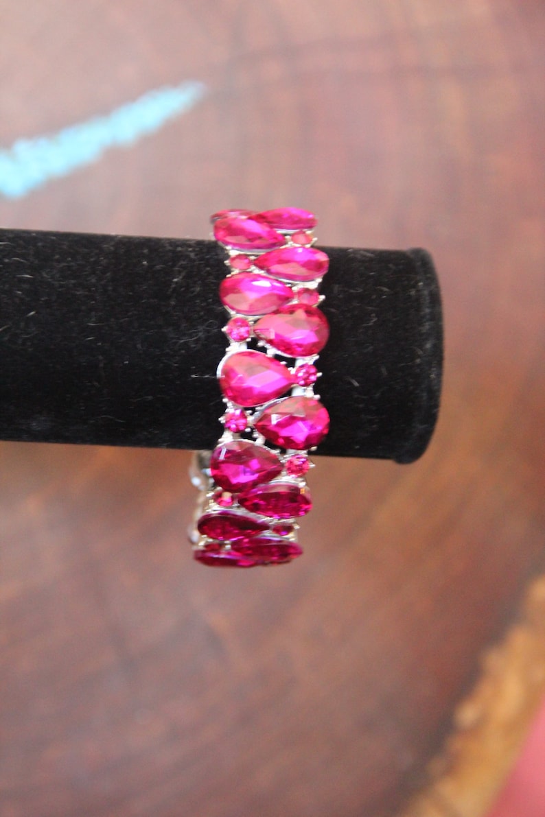 fuchsia bracelet, hot pink bracelet, fuchsia prom bracelet, hot pink bridal bracelet, pink crystal pageant bracelet, pink stretch bracelet image 6