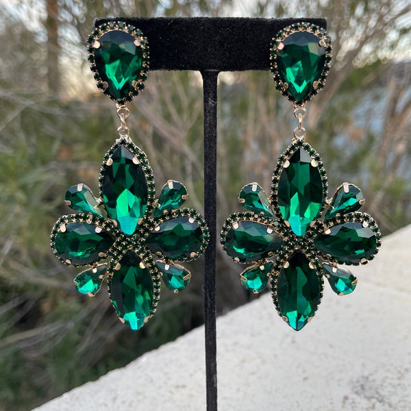 Extra large emerald rhinestone earrings, emerald green pageant earrings