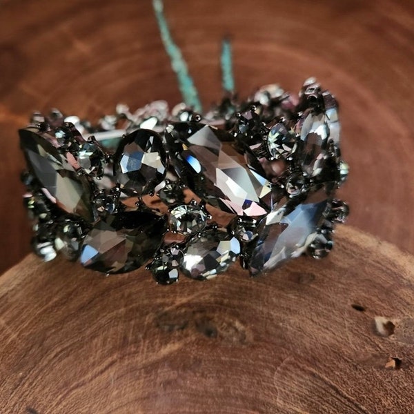 black diamond large bracelet, gray rhinestone bracelet, wide grey stretch bracelet