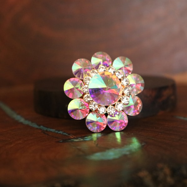 Aurora borealis ring, web party ab ring, oversized ab crystal ring, ab pageant ring, ab cocktail ring, iridescent stretch ring