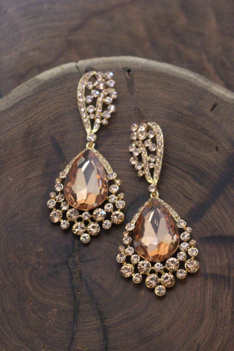 Rose gold large crystal rhinestone earrings champagne chunky Etsy