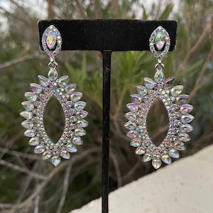 Ab rhinestone earrings, iridescent crystal earrings, aurora borealis earrings, ab clip on earrings