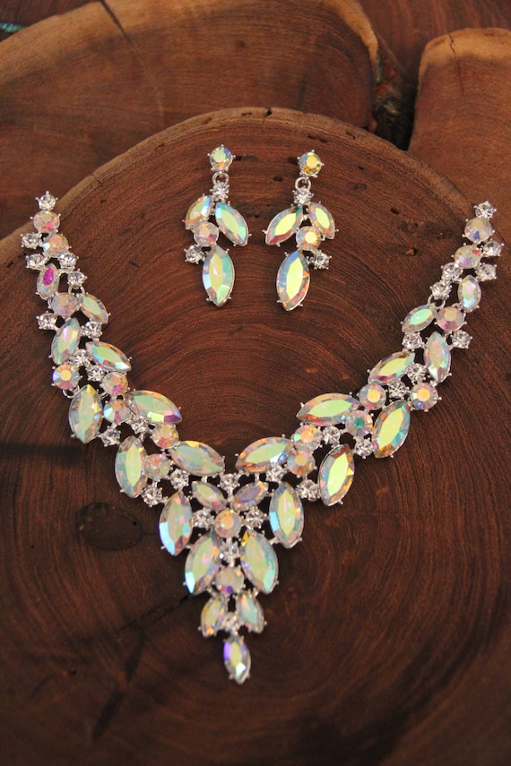 Ensemble De Bijoux De Mariée En Or Et Cristal Émeraude - Collier Et Boucles D'Oreilles Pendantes - Pour Bal, Soirée, Cérémonie