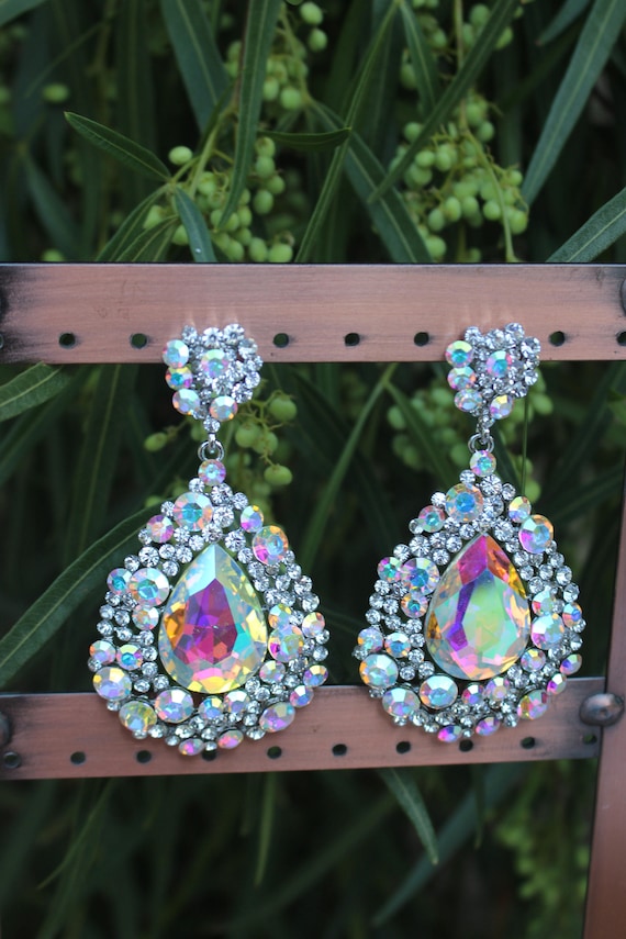 Ab Crystal Earrings, Ab Chunky Pageant Earrings, Iridescent
