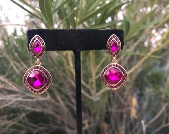 Fuchsia rhinestone earrings, fuchsia prom earrings, dark pink crystal earrings, fuchsia small dangle earrings