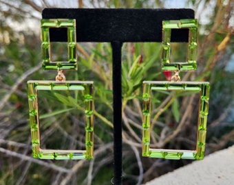 Green rhinestone square earrings, lime green crystal earrings, light green pageant earrings, neon green earrings