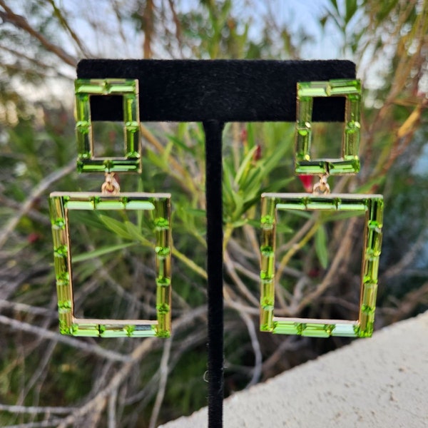 Green rhinestone square earrings, lime green crystal earrings, light green pageant earrings, neon green earrings