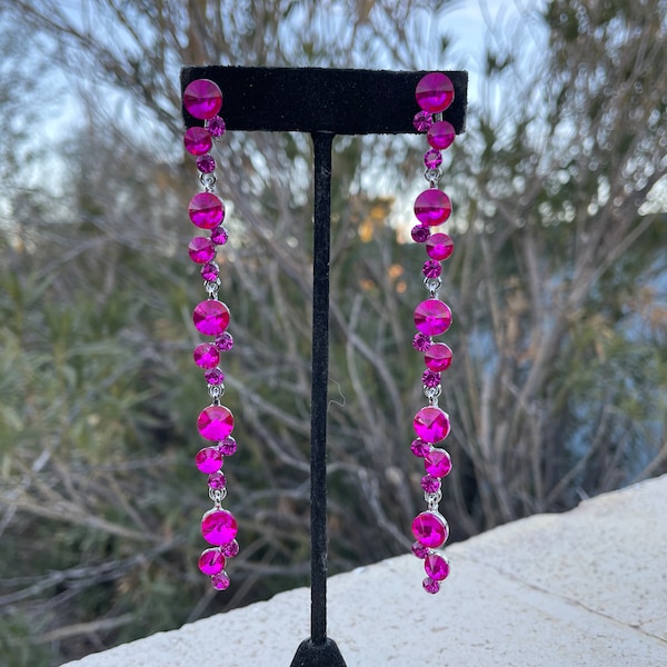 Hot pink long earrings, long fuchsia prom earrings, fuchsia clip on earrings