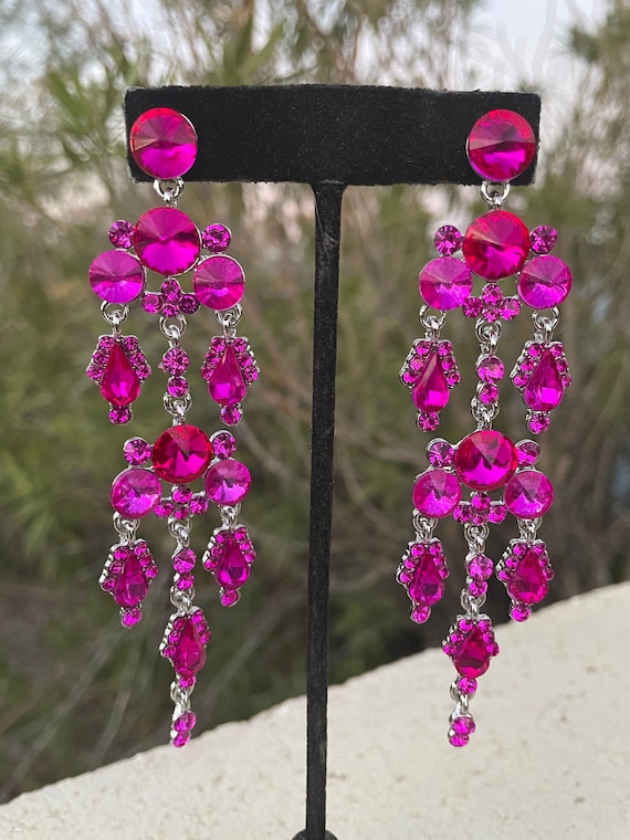 Hot pink rhinestone earrings deals