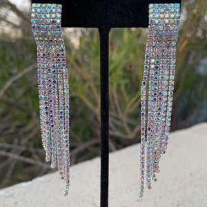 Ab rhinestone cascading earrings, ab fringe earrings, long iridescent earrings