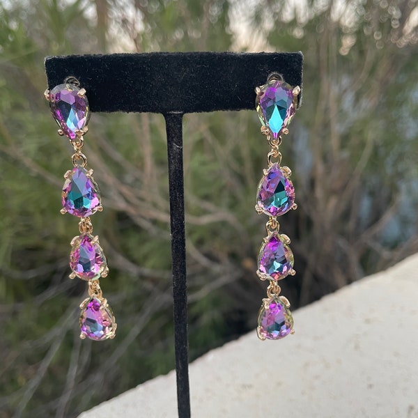 Lavender ab rhinestone earrings, lilac iridescent earrings, neon purple prom earrings