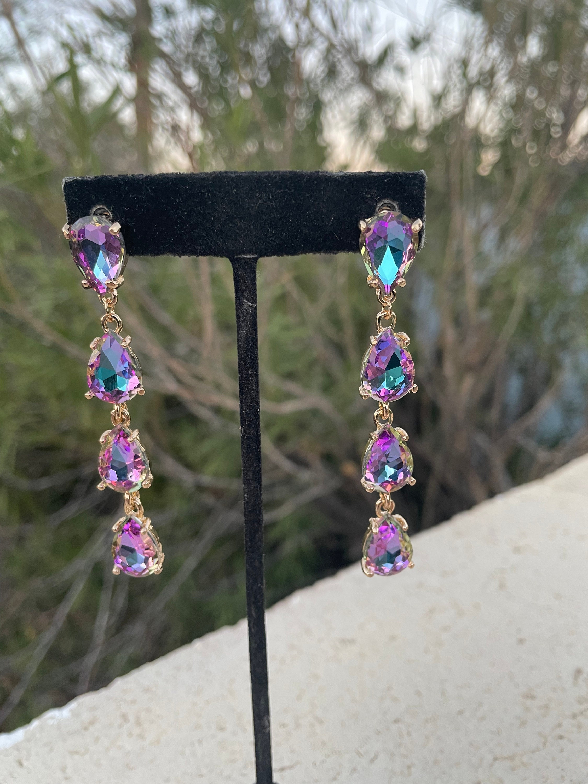 Lavender Ab Rhinestone Earrings, Lilac Iridescent Earrings, Neon - Main Image
