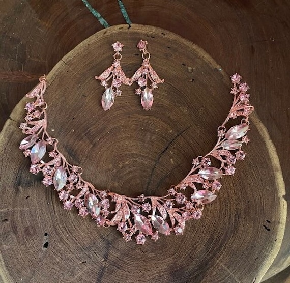 Pink Necklace and Earrings Set Light Pink Crystal Necklace