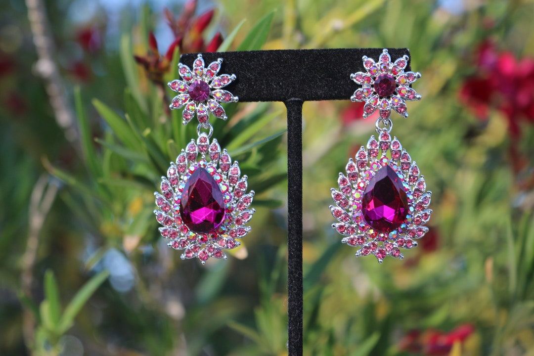 Fuchsia Earrings Fuchsia Clip on Earrings Fuchsia Rhinestone Etsy