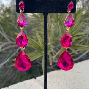 Fuchsia dangle earrings, hot pink rhinestone long earrings, fuchsia prom earrings, magenta earrings image 2