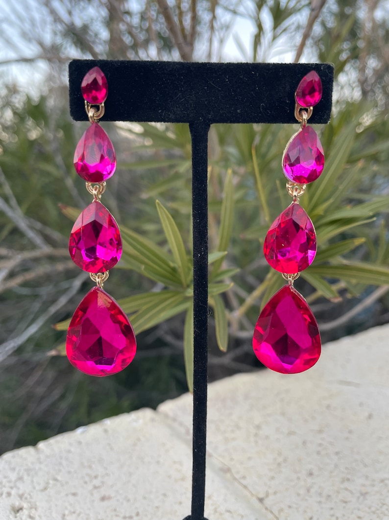 Fuchsia dangle earrings, hot pink rhinestone long earrings, fuchsia prom earrings, magenta earrings image 2