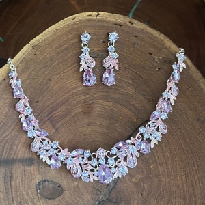 Lilac rhinestone earrings and necklace set, lavender bridesmaid necklace set image 5