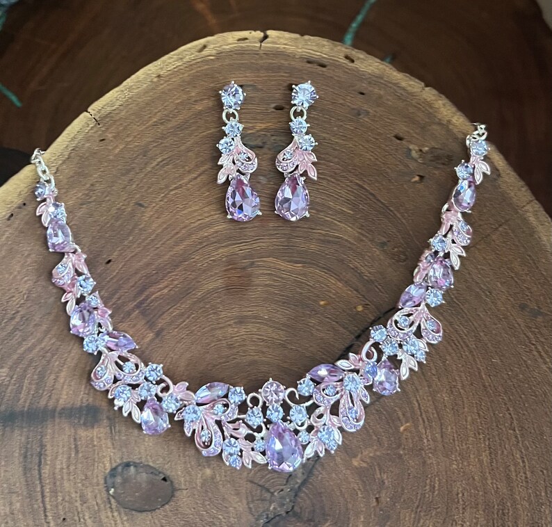 Lilac rhinestone earrings and necklace set, lavender bridesmaid necklace set image 5