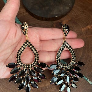 black gold earrings, black rhinestone earrings, dangle black gold earrings