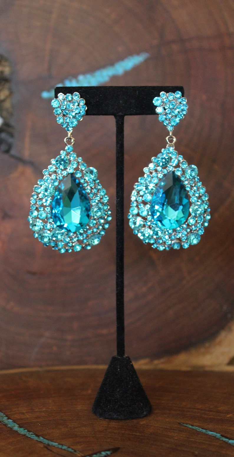 Teal Blue Rhinestone Earrings Teal/aqua Blue Prom Earrings Etsy