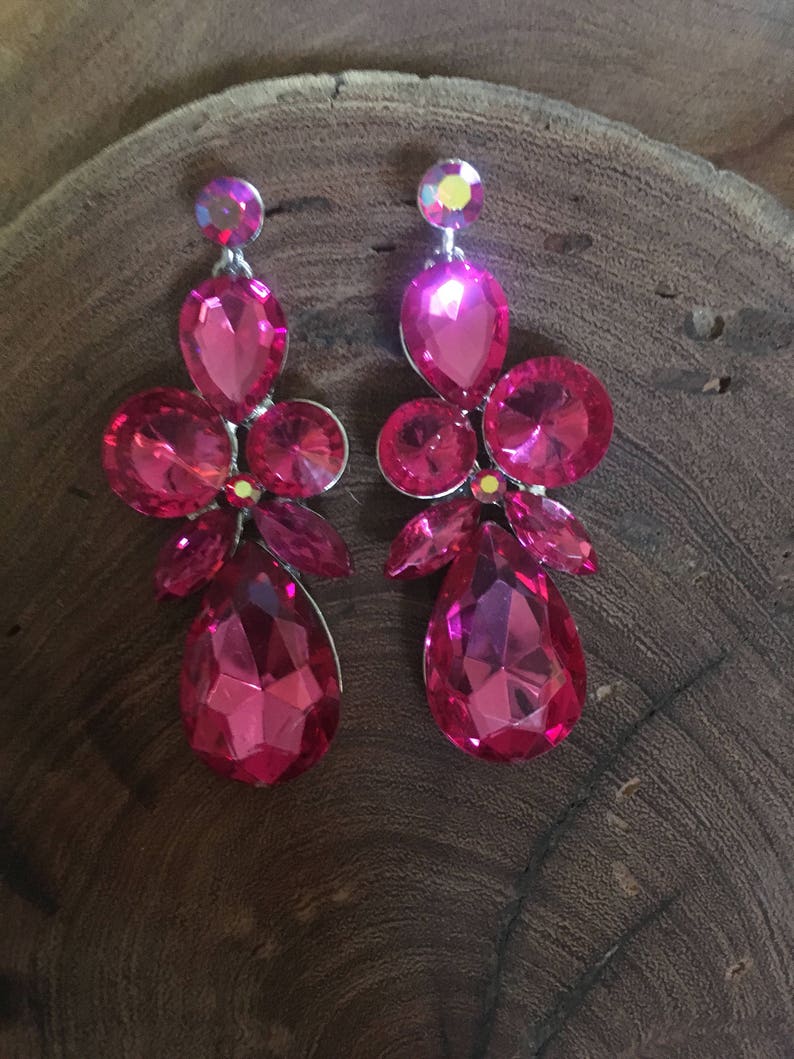 Pink Large Rhinestones Earrings Hot Pink Chunky Earrings Etsy