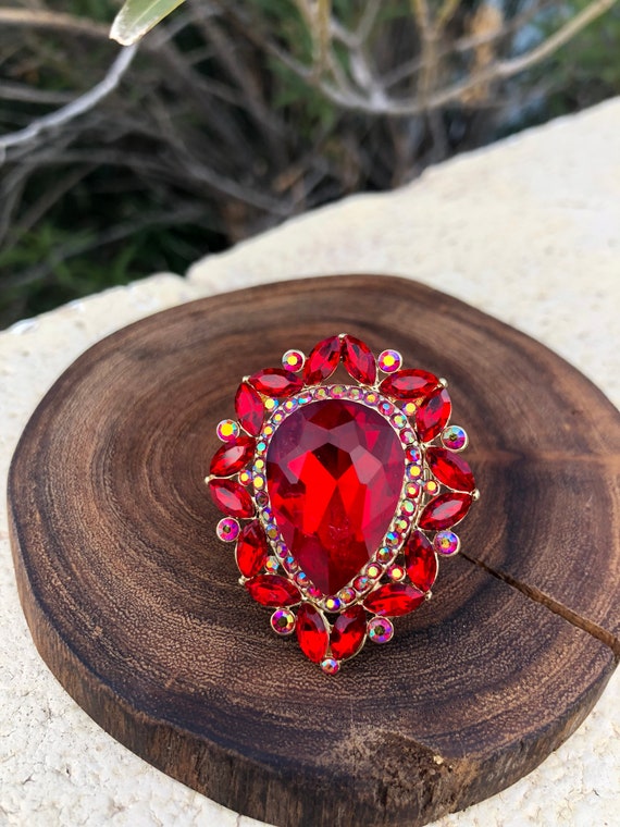 Large Red Rhinestone Ring Red Statement Ring Red Crystal Cocktail Ring Oversized Red Ring Etsy