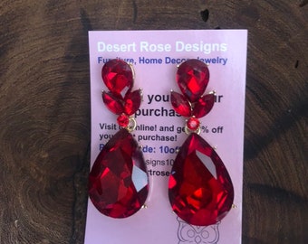 red earrings, red holiday earrings, red rhinestone earrings, red prom earrings, red crystal earrings