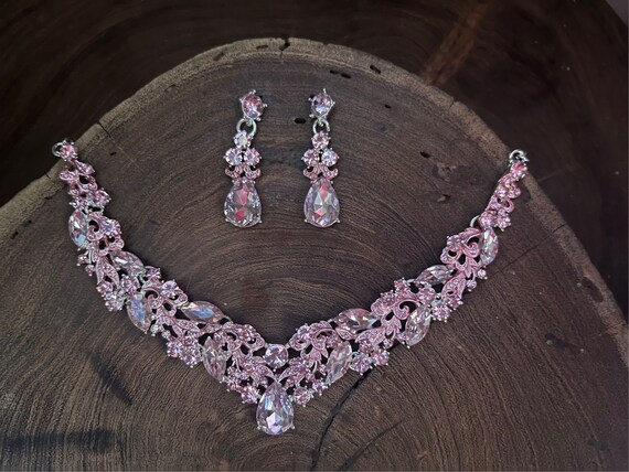 Light Pink Rhinestone Necklace and Earrings Set Rose Pink Prom Jewelry Pink Bridesmaid Necklace Set Etsy