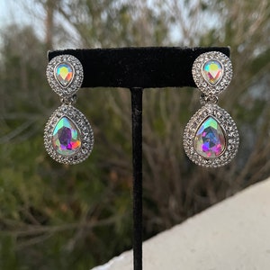 Ab rhinestone clip on earrings, iridescent crystal clip on earrings