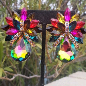 Multi color clip on earrings, pageant clip on earrings, large stud clip on earrings