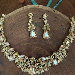 Gold rhinestone necklace and earrings set, gold bridal necklace set